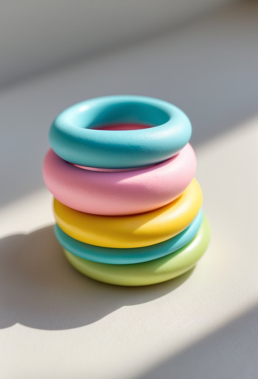 Close-up of several colorful polymer clay rings stacked on a plain surface.