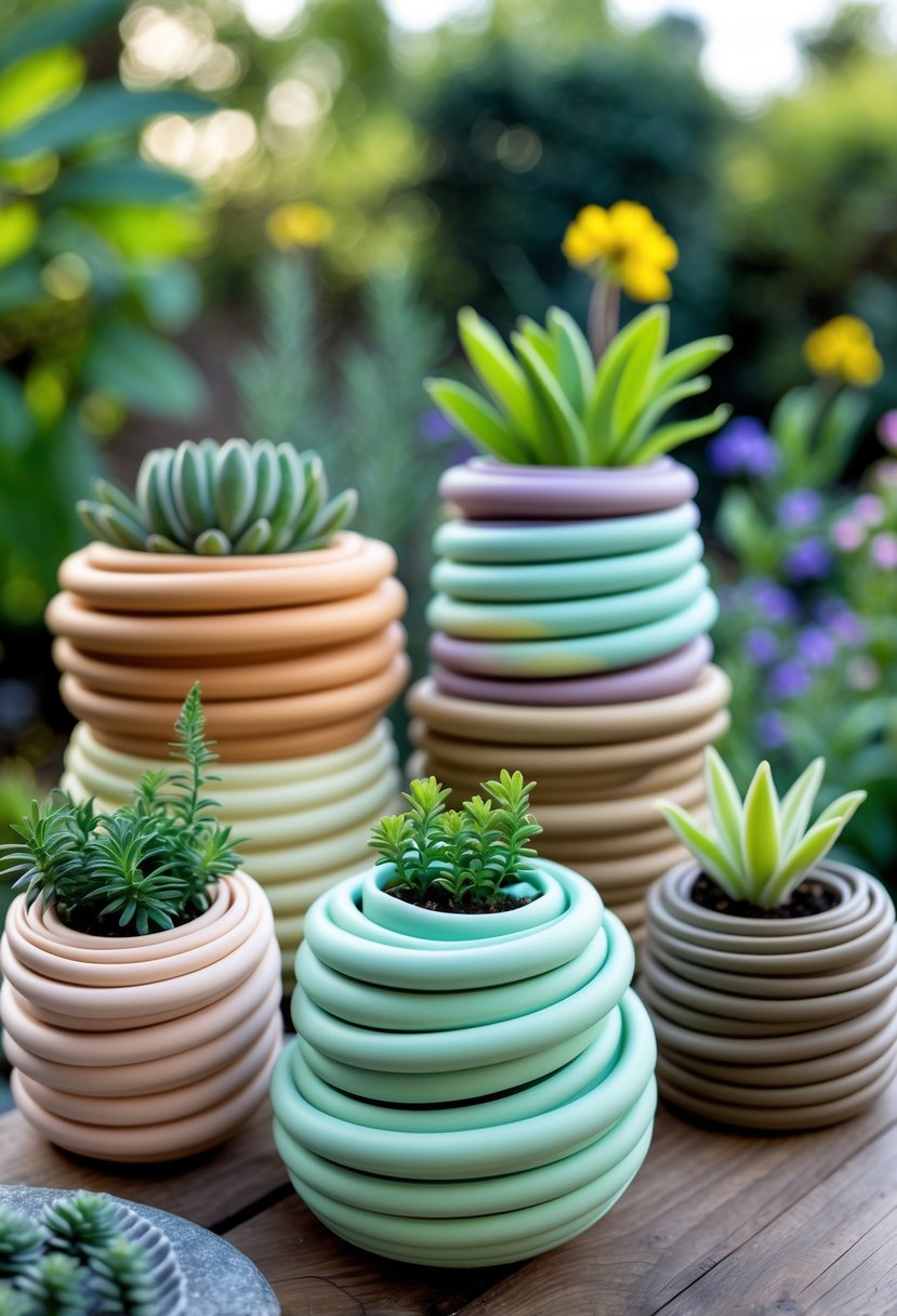 Colorful spiral coil polymer clay planters holding small plants arranged outdoors in a garden setting.