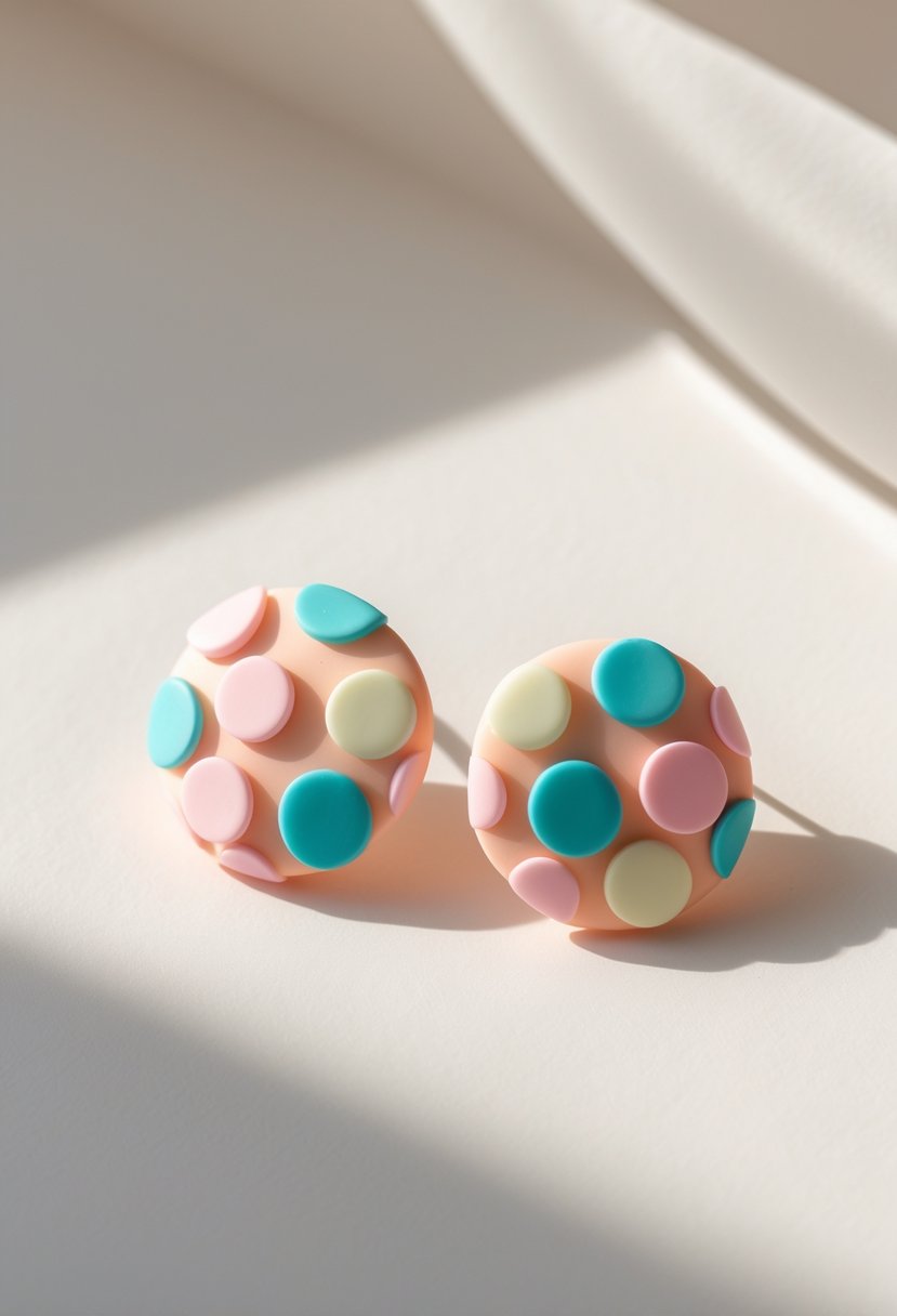 A close-up of a pair of polymer clay earrings with a polka dot pattern displayed on a plain background.
