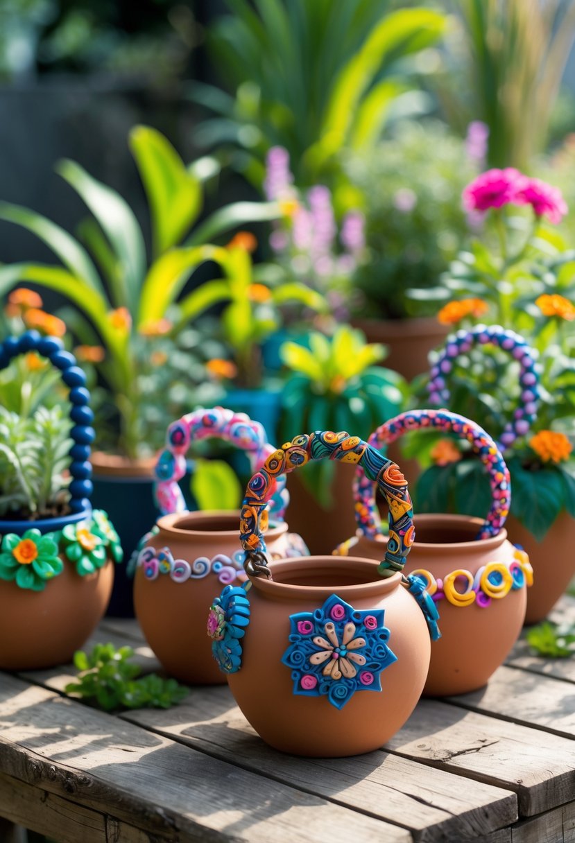 A collection of clay pots with colorful decorative handles displayed on a wooden table surrounded by plants in a garden.