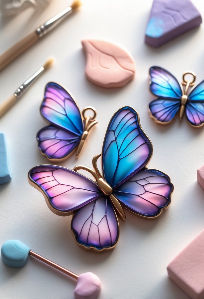 Close-up of delicate butterfly wing pendants made from polymer clay arranged on a neutral surface with crafting tools nearby.