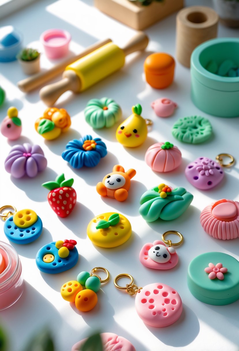 Close-up of colorful handmade polymer clay phone charms and crafting tools arranged on a white surface.