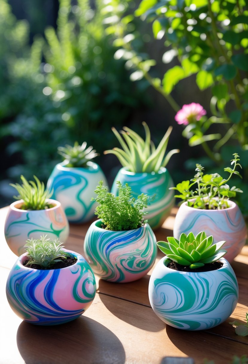 A collection of colorful marbled swirl polymer clay planters with green plants arranged on a wooden table in a garden.