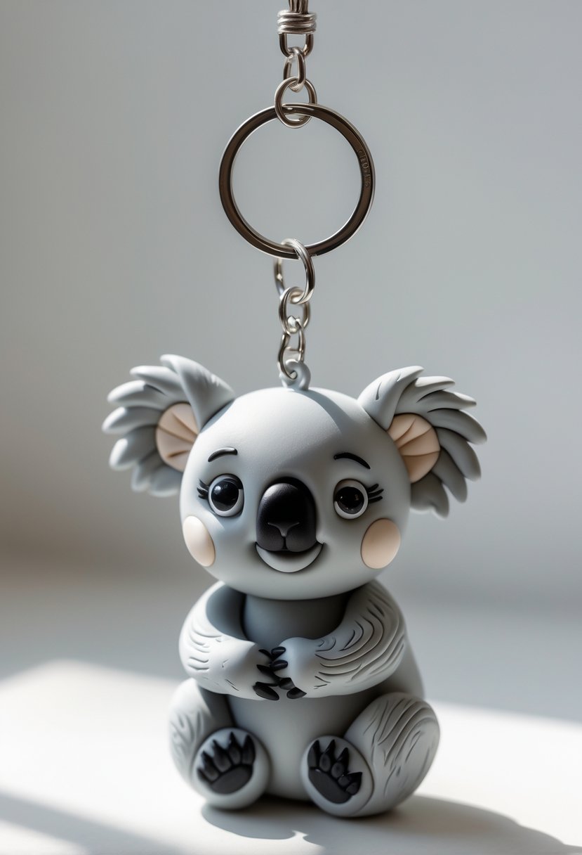 A close-up of a classic koala keychain made from polymer clay attached to a silver keyring on a white background.