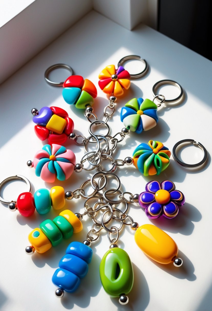 A collection of colorful beaded polymer clay keychains arranged neatly on a white surface.