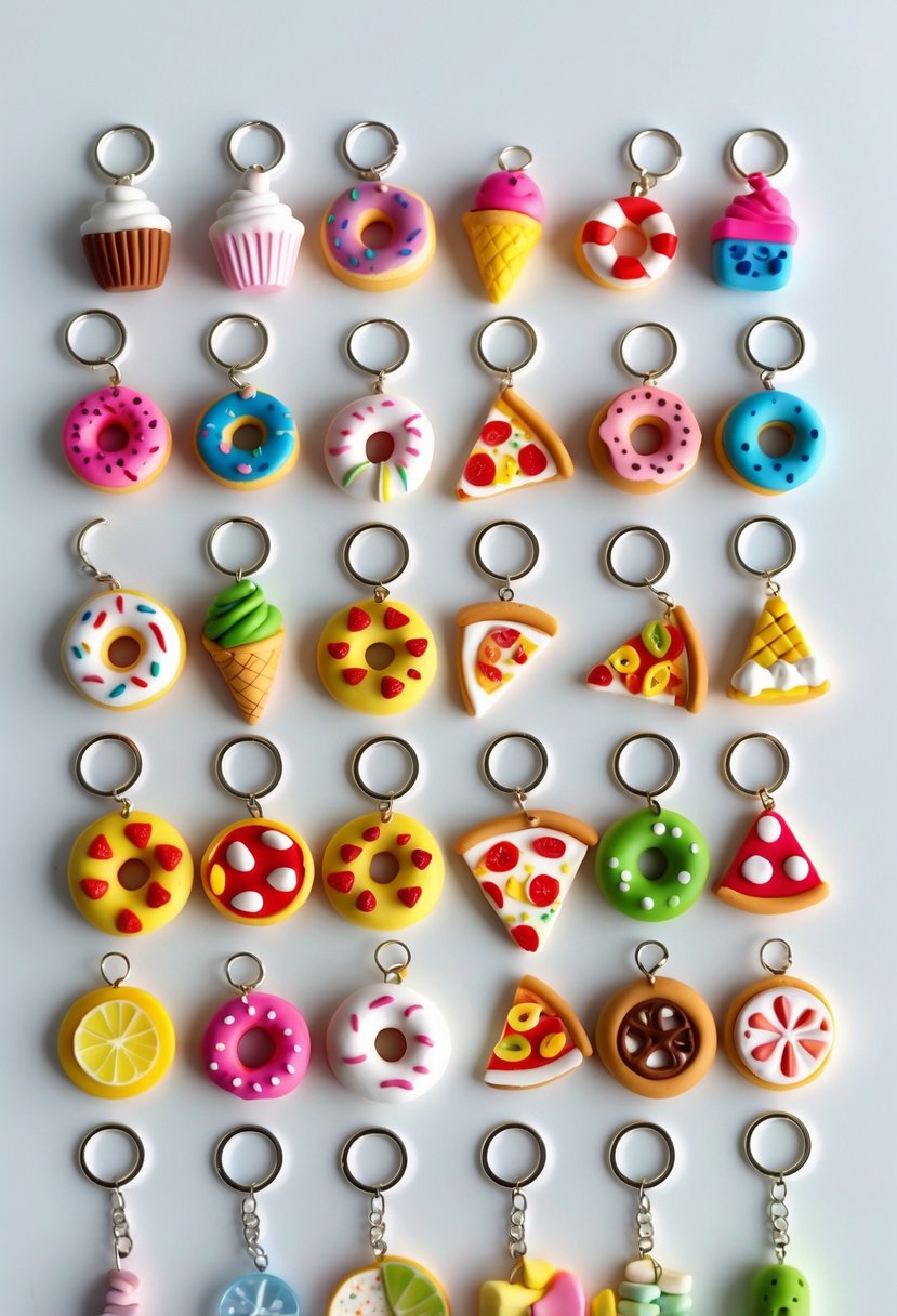 A collection of 15 miniature food charms made from polymer clay, each attached to a small keychain ring, displayed on a white background.