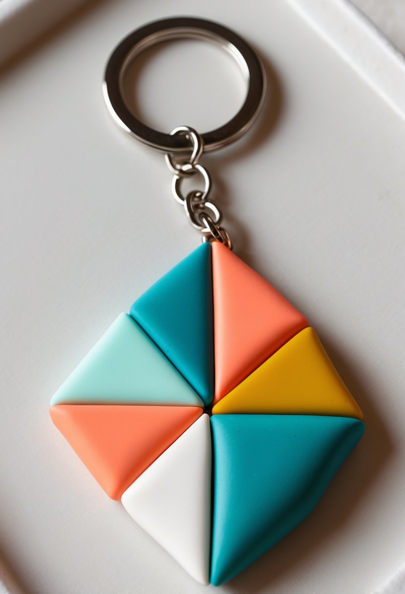 A colorful abstract geometric polymer clay keychain attached to a silver keyring on a neutral background.