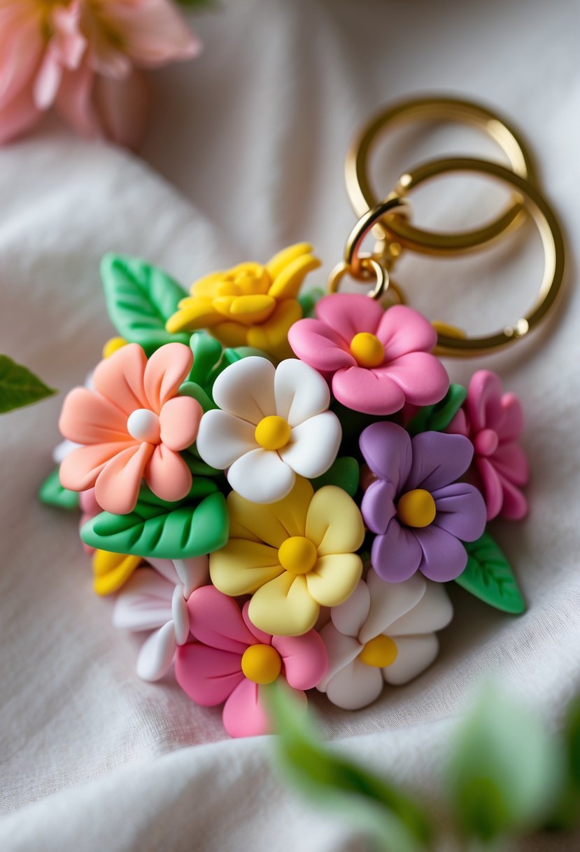A colorful flower bouquet polymer clay keychain with detailed flowers and leaves attached to a keyring on a neutral background.