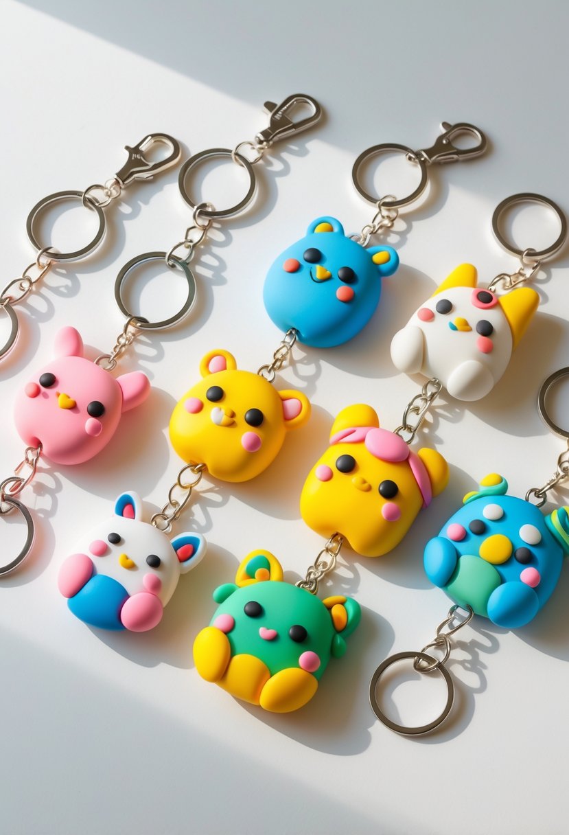 A collection of colorful cartoon character keychains made from polymer clay arranged on a white surface.