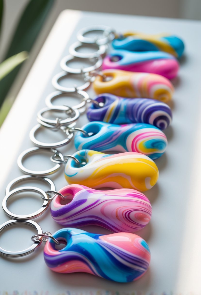 A group of colorful marbled swirl polymer clay keychains with silver rings arranged on a white surface.