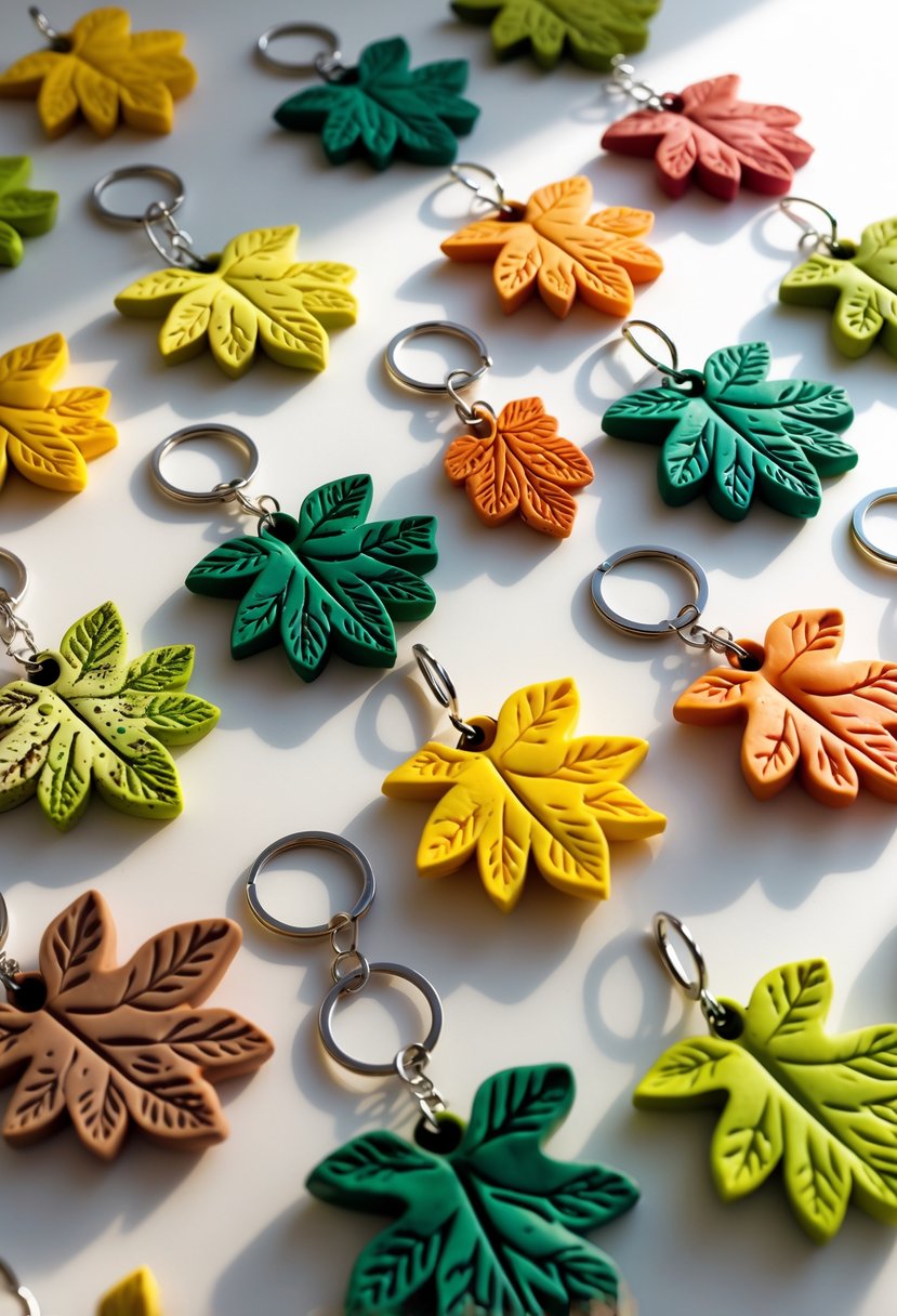 A collection of colorful polymer clay leaf-shaped keychains arranged on a plain background.