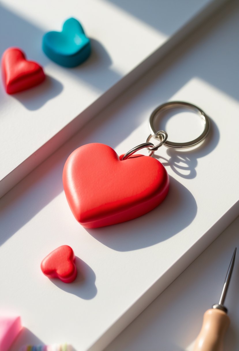 A red heart-shaped polymer clay keychain hanging from a silver keyring on a white background with crafting materials nearby.