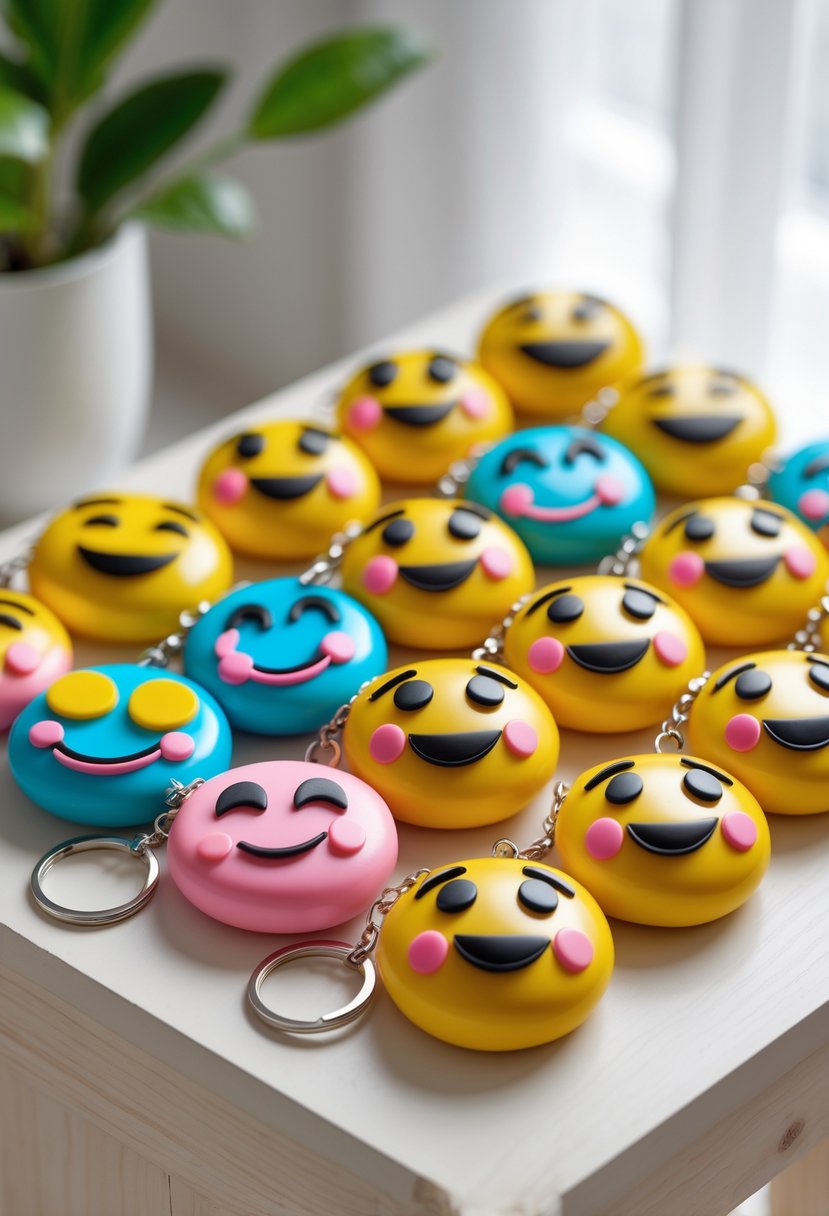 A collection of 15 colorful custom emoji face keychains made from polymer clay arranged on a wooden surface.
