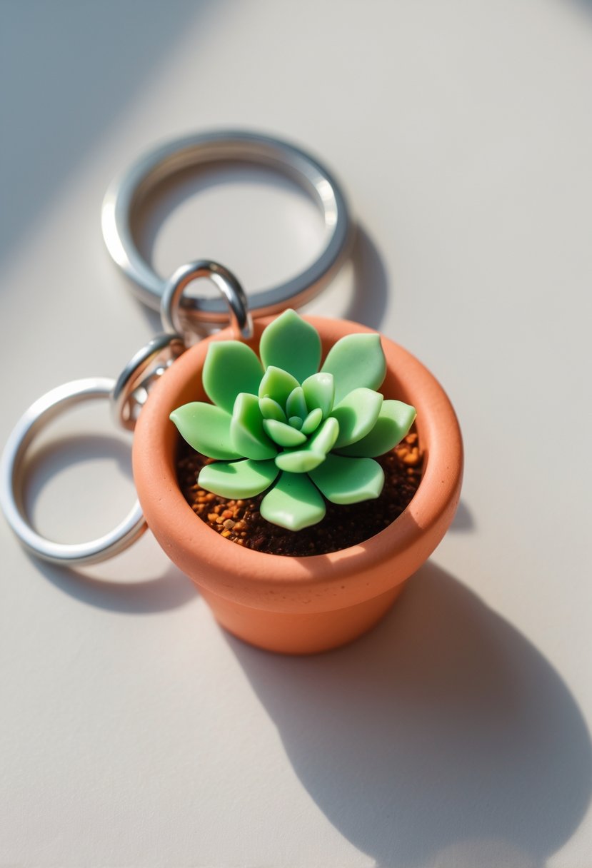 A tiny plant pot keychain with a small green succulent inside on a light background.