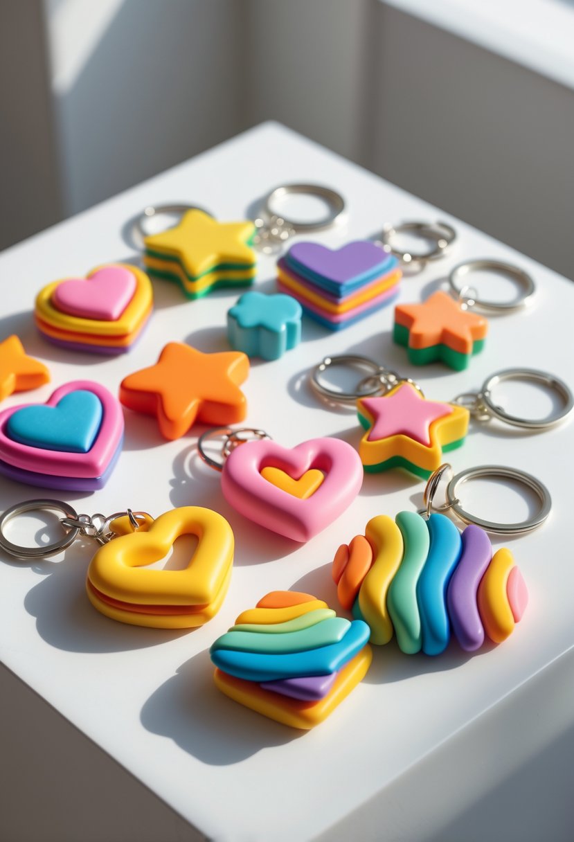 A collection of colorful layered rainbow polymer clay keychains arranged on a white surface.