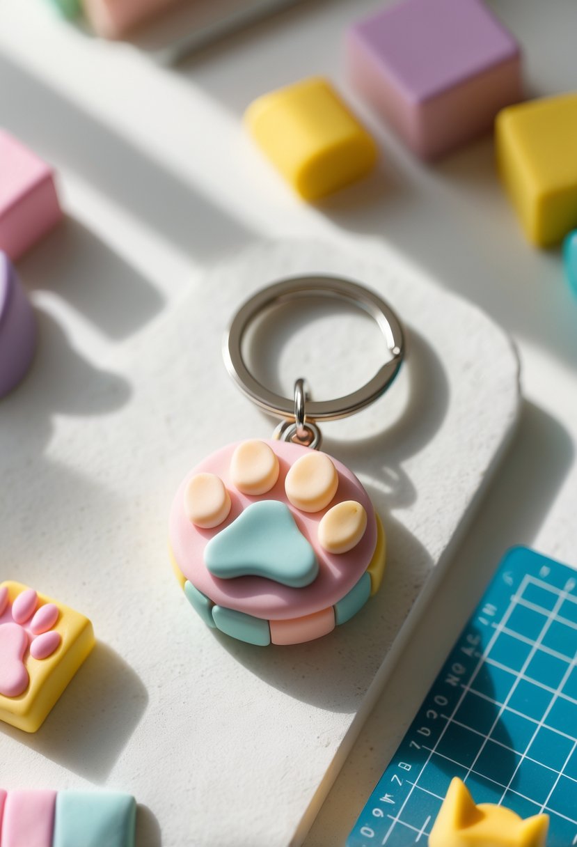 A mini animal paw print polymer clay keychain on a neutral surface with crafting tools nearby.