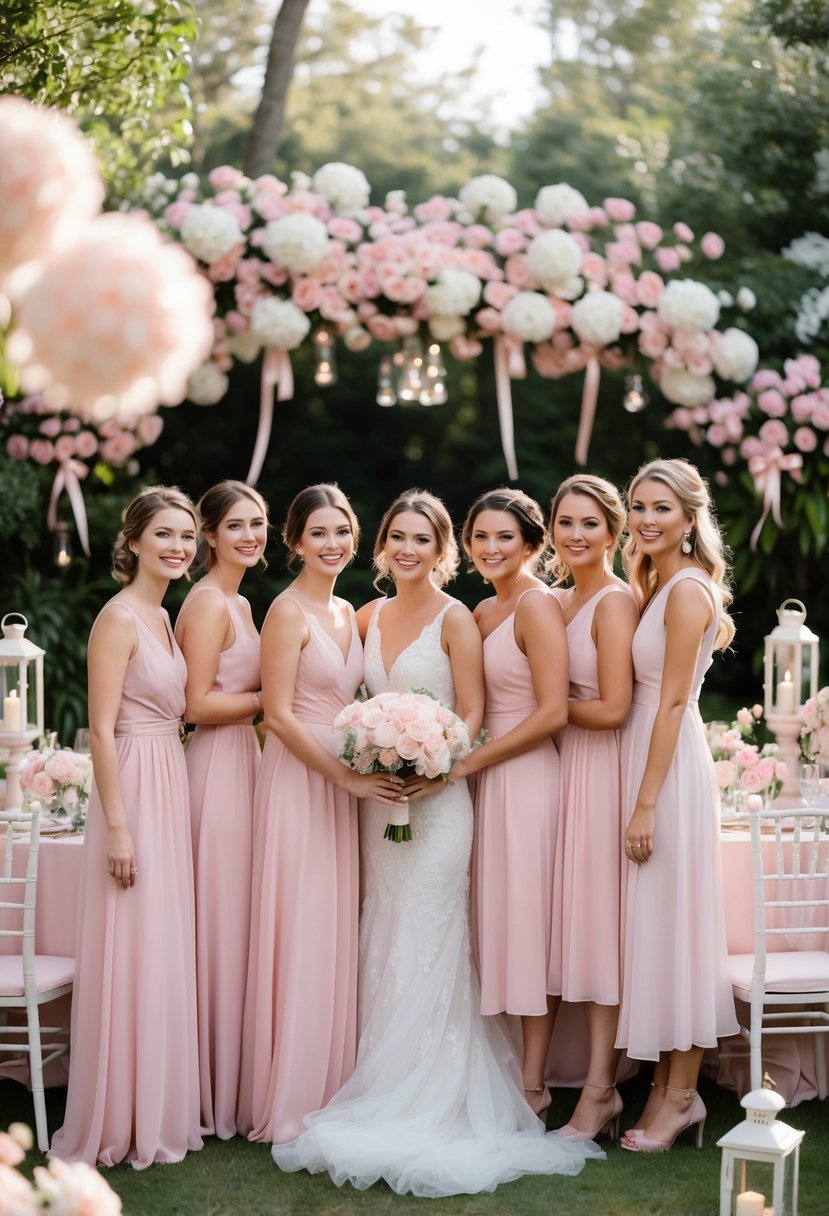 A group of bridesmaids in blush pink dresses standing together surrounded by pink and white wedding flowers and decorations outdoors.