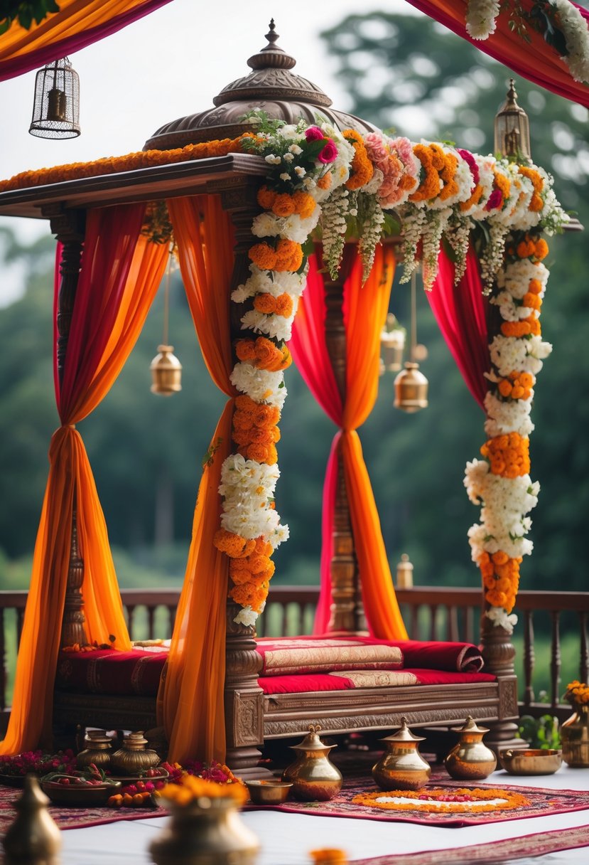 A traditional Indian wedding mandap decorated with colorful floral drapes and flowers, set up for a wedding ceremony.