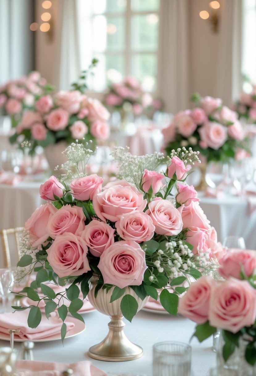 A table with several pink rose floral arrangements as wedding centerpieces, surrounded by greenery and white filler flowers.