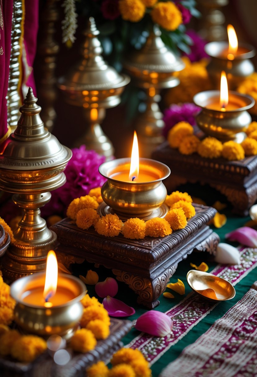A collection of lit brass lamps and diyas surrounded by flowers and traditional Indian wedding decorations.