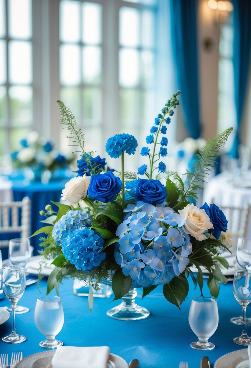 A wedding reception table with blue floral centerpieces and elegant table settings in a softly lit venue.