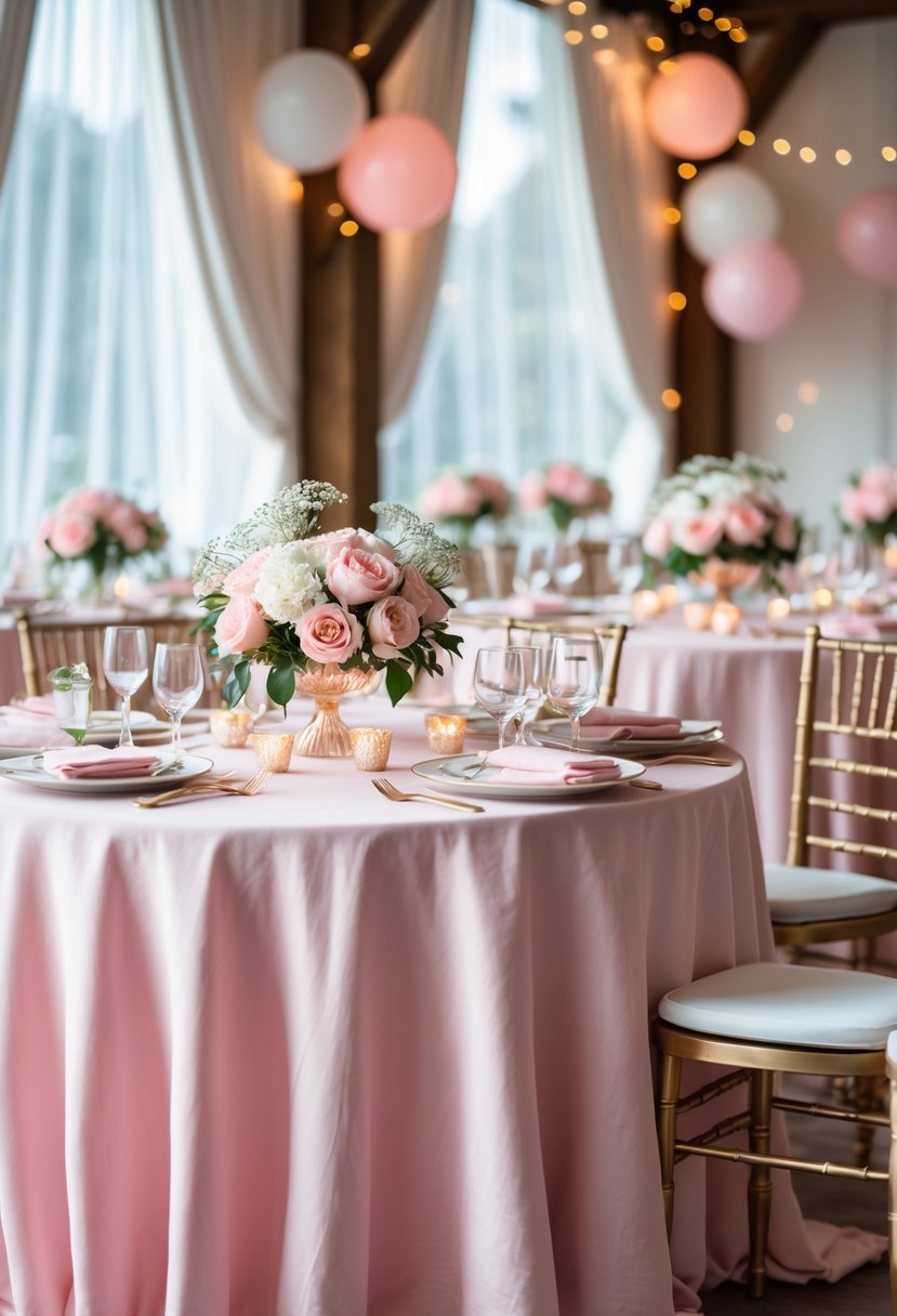 A wedding reception table set with soft pink linen tablecloths, floral centerpieces, glassware, and candles.