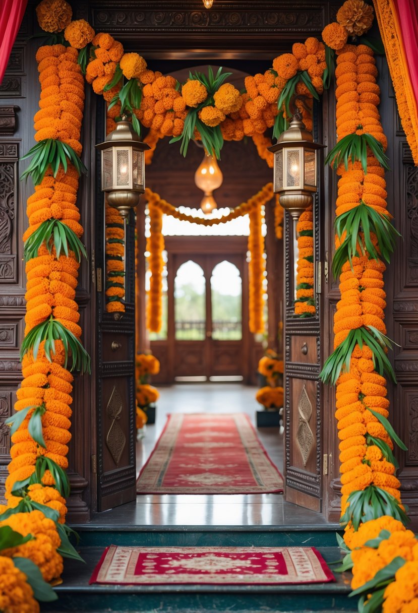 Entrance decorated with bright orange and yellow marigold flower garlands and traditional lanterns at an Indian wedding.