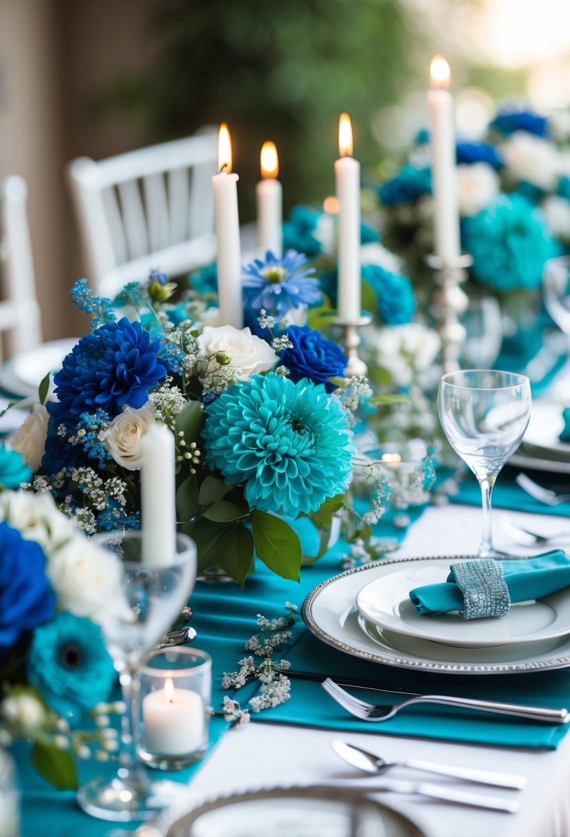 A wedding table decorated with teal runners featuring silver accents, blue floral centerpieces, candles, and elegant tableware.