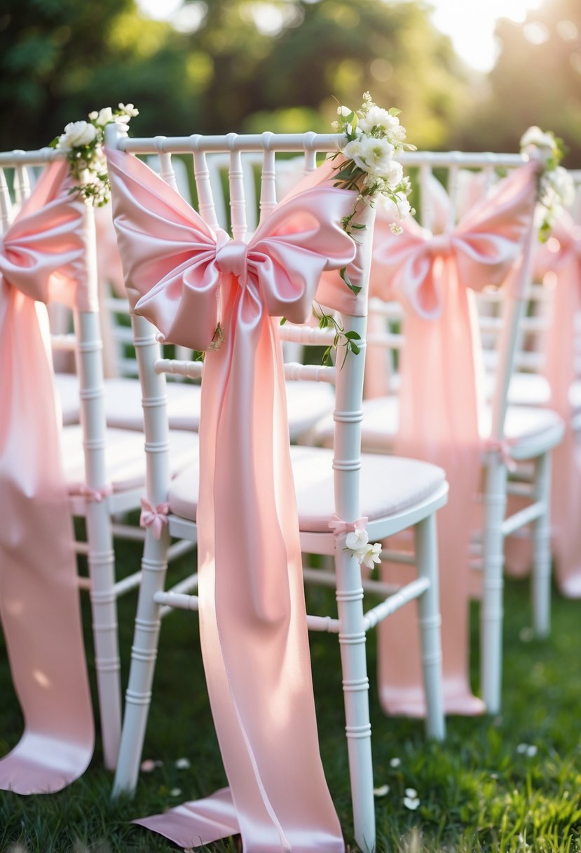 Rows of white chairs decorated with soft pink satin ribbons tied in bows at an outdoor wedding ceremony.
