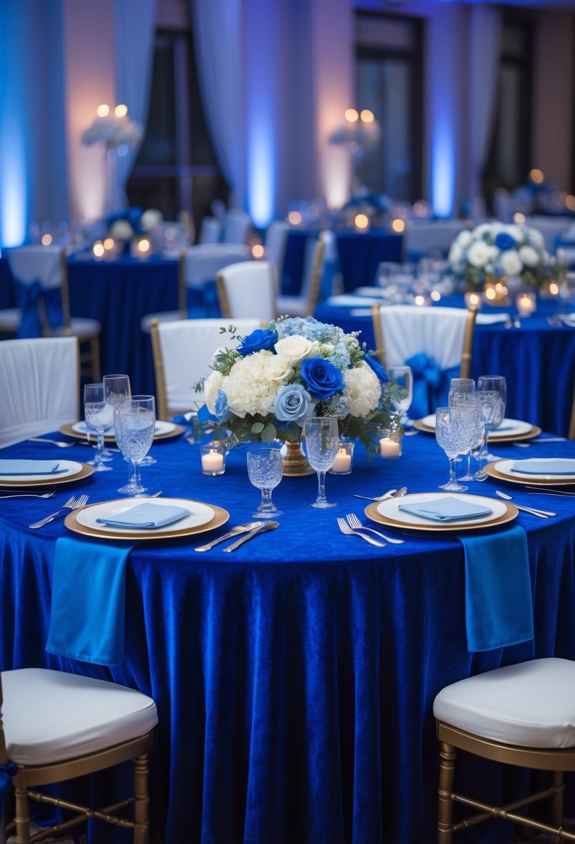 A wedding reception table with royal blue velvet tablecloths, floral centerpieces, glassware, and neatly arranged chairs.