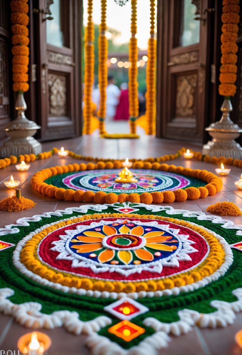 Colorful and detailed Rangoli patterns decorated with flowers and lamps at the entrance of an Indian wedding venue.