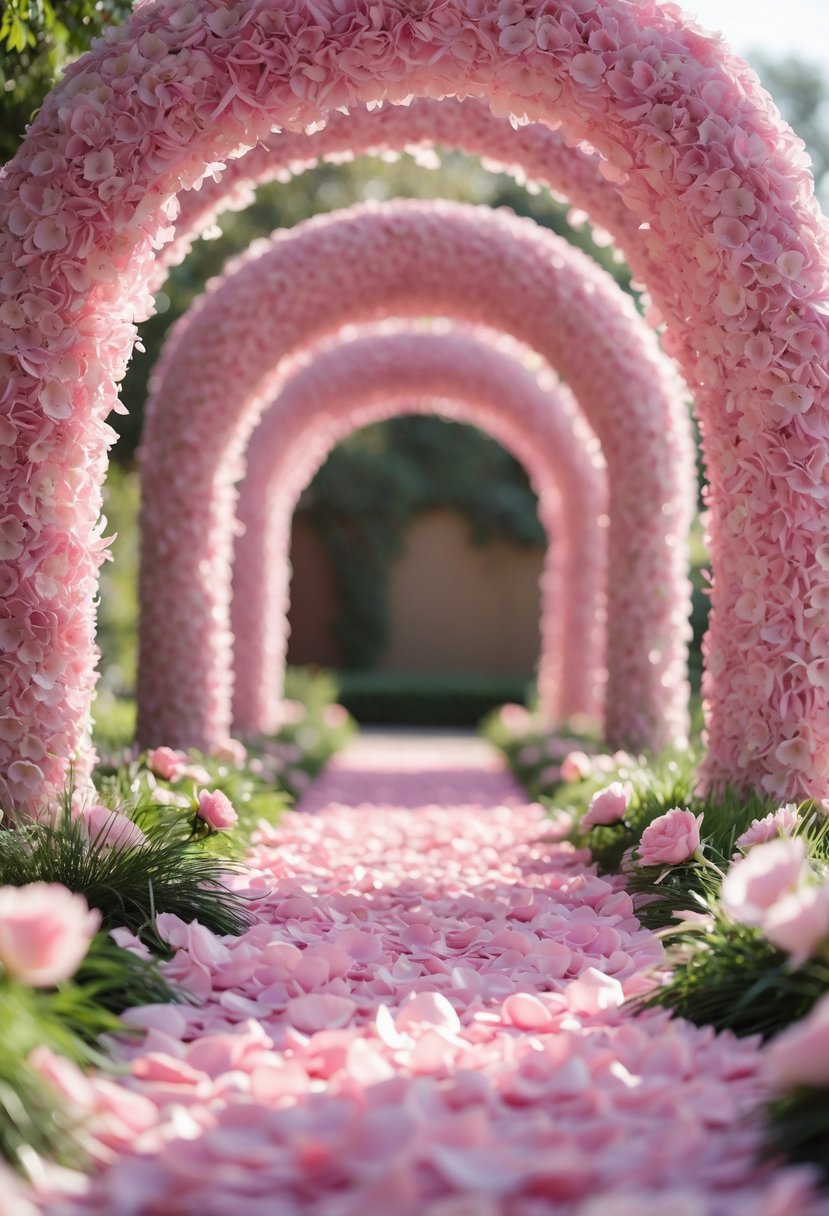 A wedding aisle tunnel made of pink flower petals forming an arch over a petal-lined pathway in an outdoor garden.