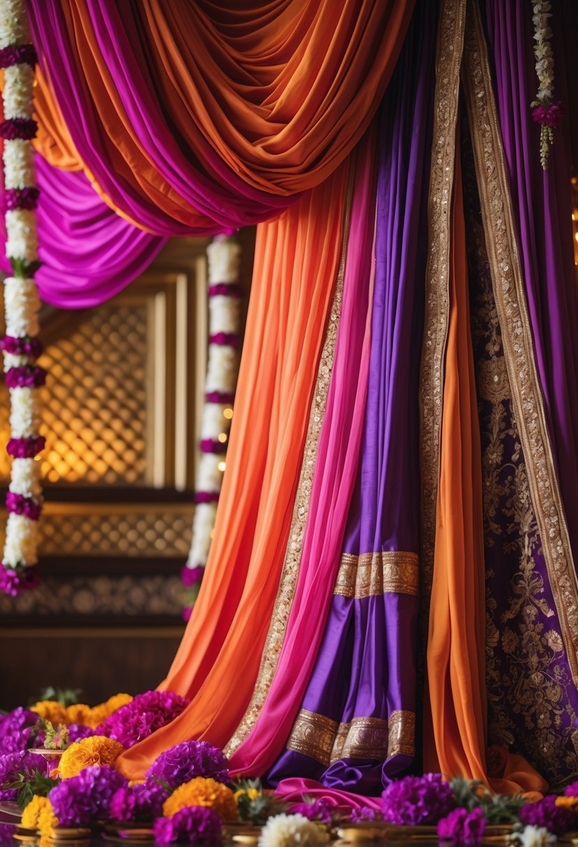Colorful fabric draping with gold accents arranged for an Indian wedding celebration.