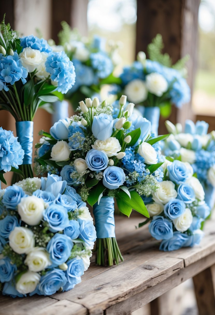 A close-up of several robin's egg blue bridesmaids' bouquets arranged on a wooden table with green leaves and white flowers.