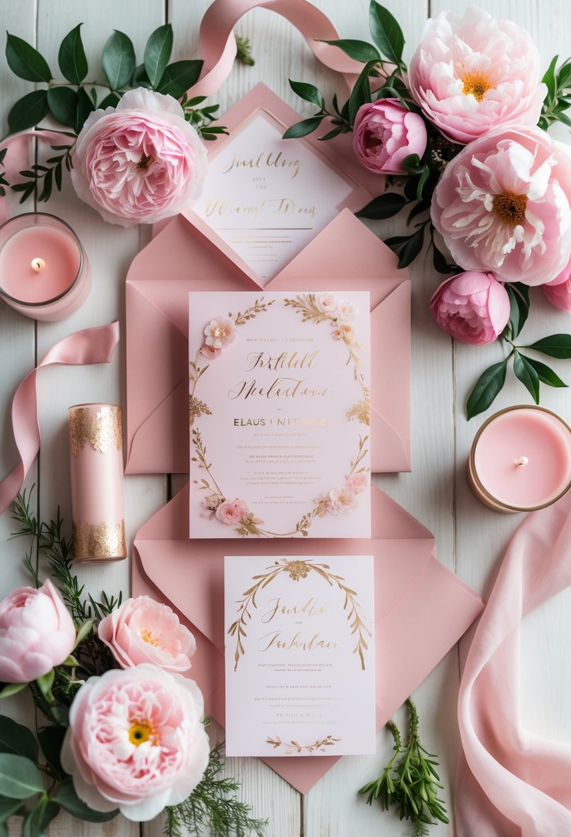 A set of blush pink wedding invitations surrounded by pink flowers, greenery, candles, and ribbons arranged on a light surface.