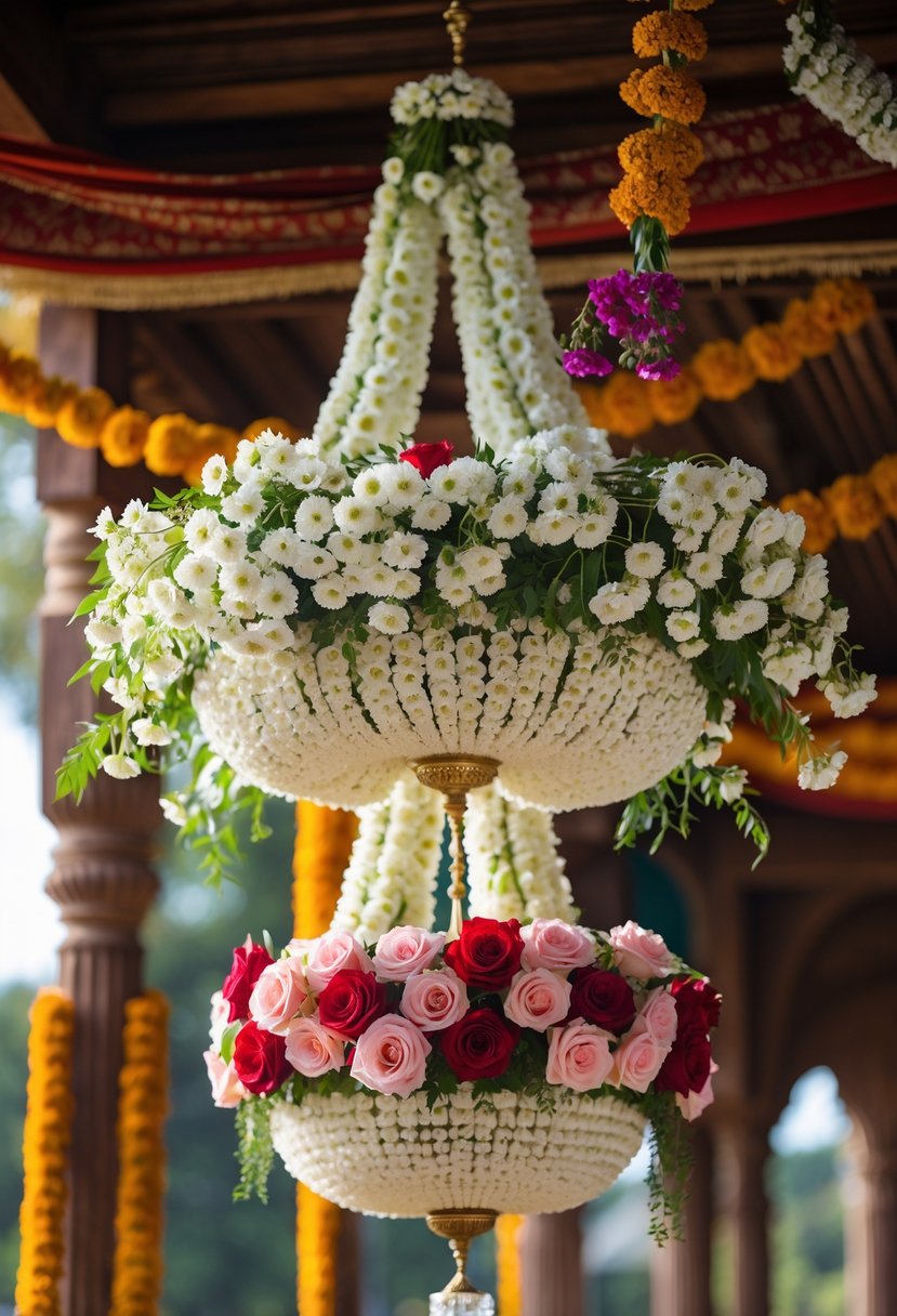Flower chandeliers made of jasmine and roses hanging in a decorated Indian wedding venue.
