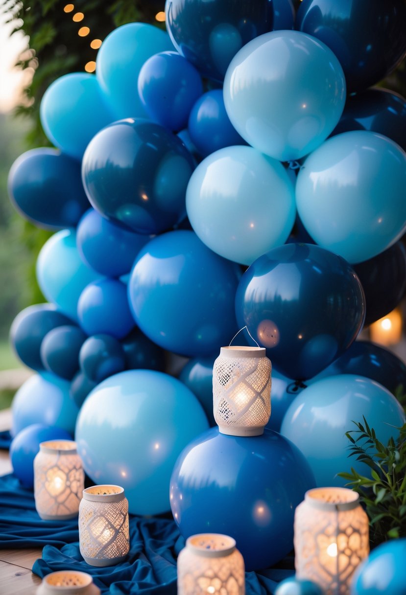 A wedding decoration scene with blue ombre balloons and blue paper lanterns softly glowing among greenery.