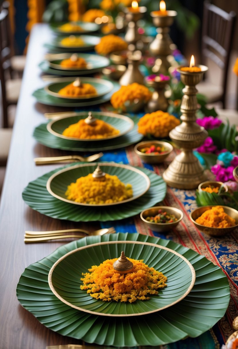 A beautifully arranged Indian wedding table with banana leaf plates, marigold flowers, brass utensils, and traditional decorations.