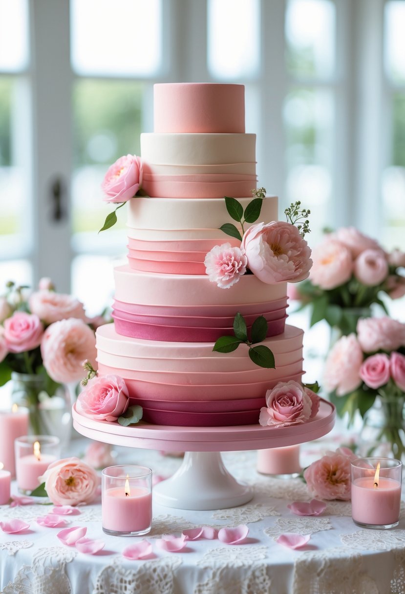 A pink ombre wedding cake with floral decorations on a lace-covered table surrounded by pink wedding decor.
