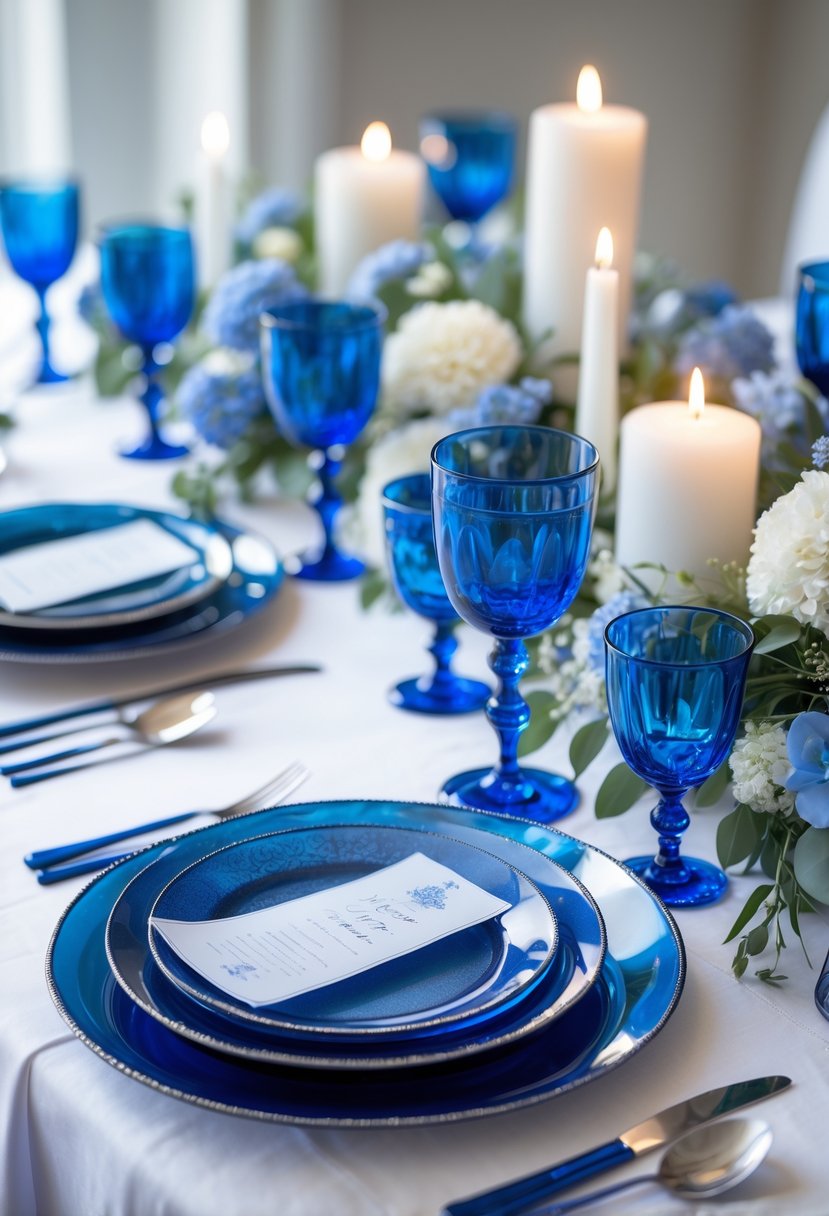 A wedding table set with sapphire blue glassware, silver cutlery, white plates, and floral decorations.