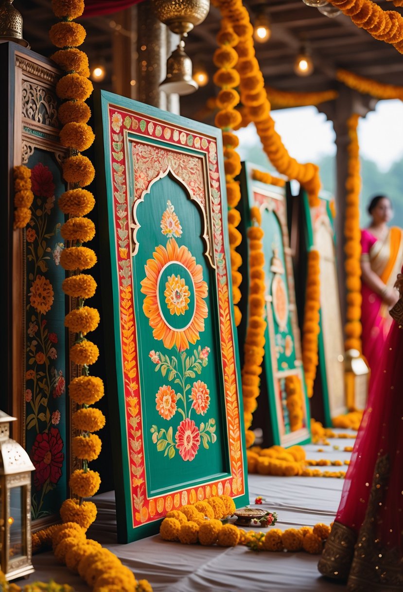 Decorative hand-painted wooden panels with traditional Indian patterns displayed at a colorful wedding venue adorned with flowers and fabrics.