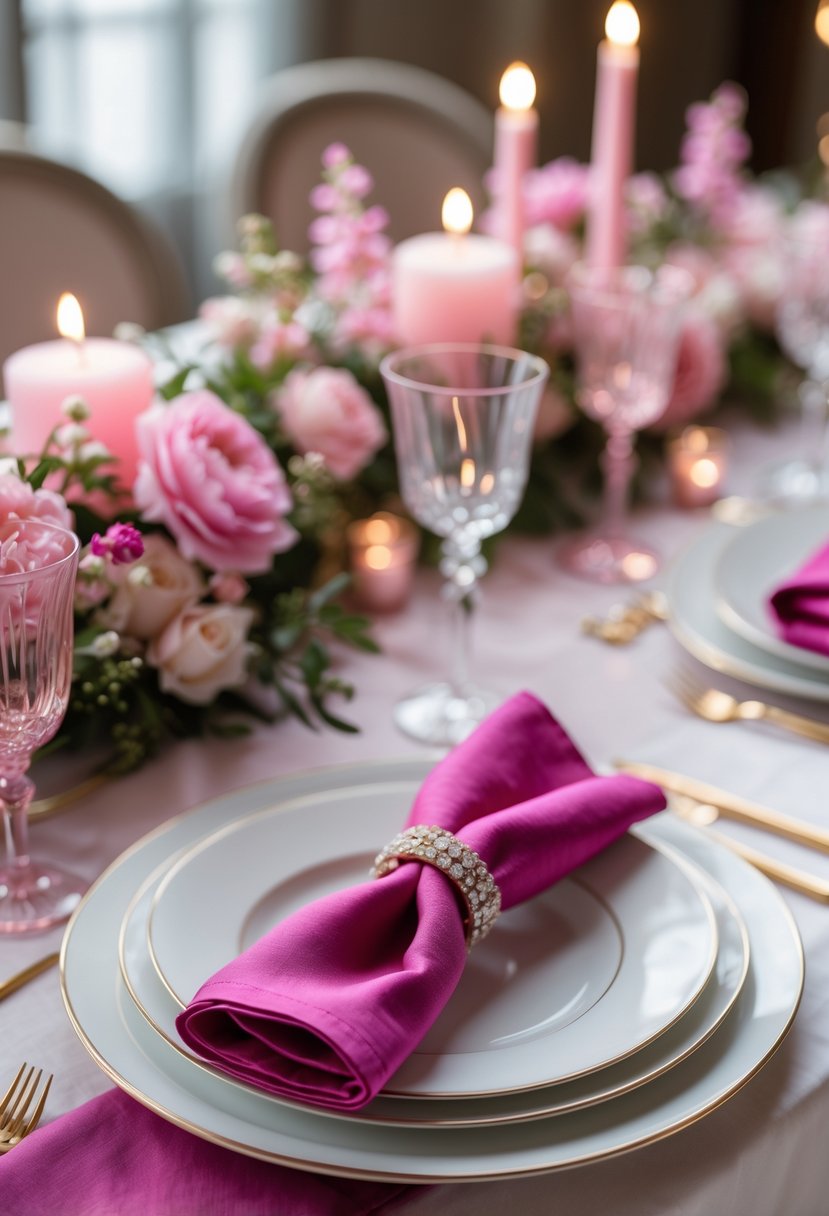 A wedding table setting with fuchsia napkins, pink flowers, plates, glassware, and gold cutlery arranged for a celebration.