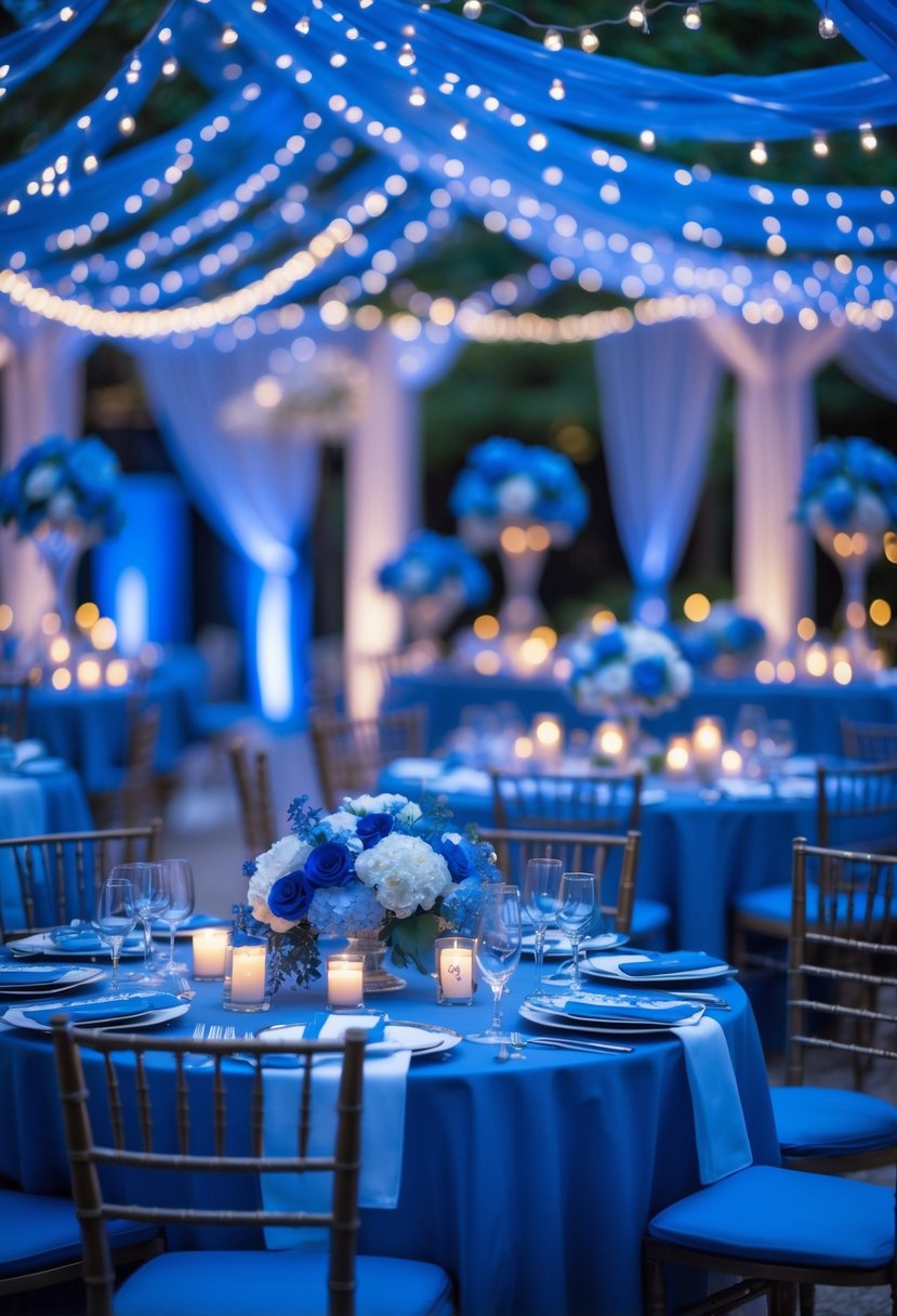 A wedding table decorated with blue flowers, candles, and soft indigo fairy lights creating a warm, glowing atmosphere.