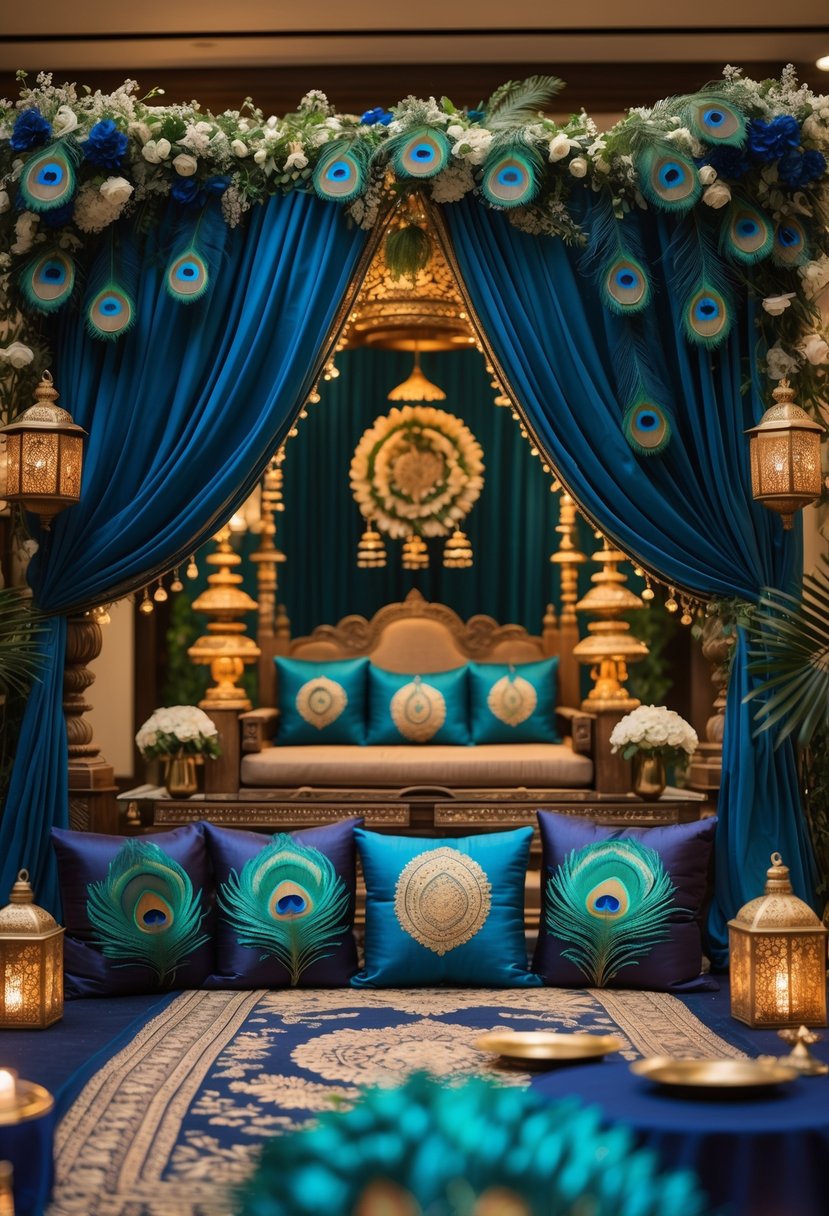 A decorated Indian wedding scene featuring peacock feather designs on fabrics and ornaments around a wedding altar.