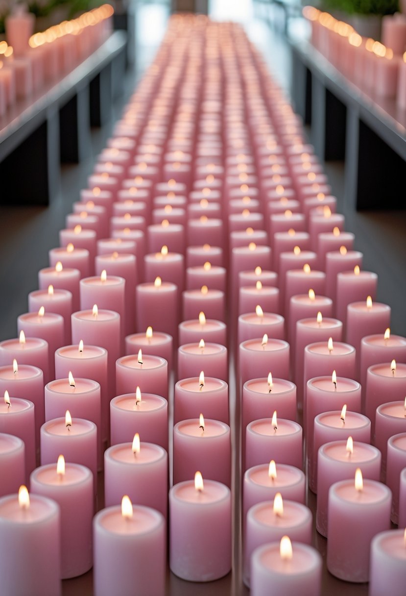 Rows of pink candles arranged along an aisle in a store or event space.