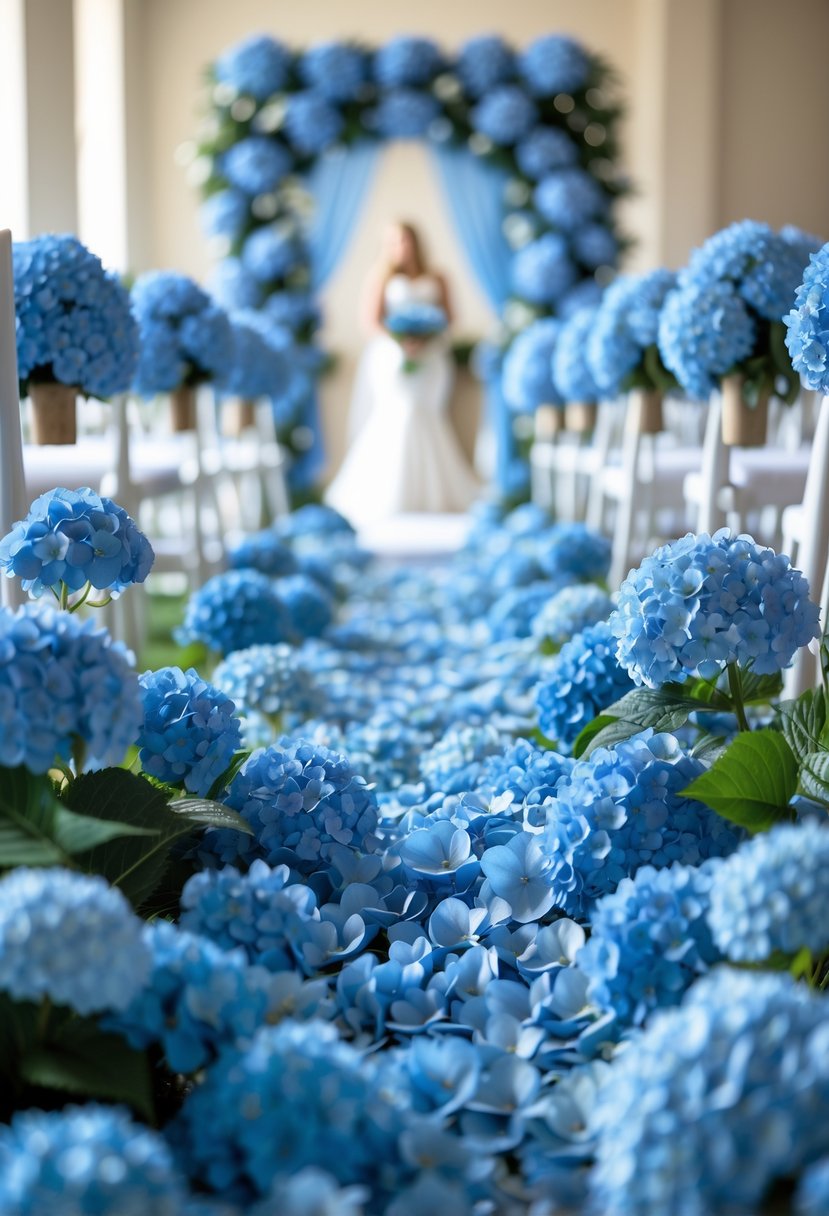 A wedding aisle decorated with clusters of blue hydrangea flowers on both sides.