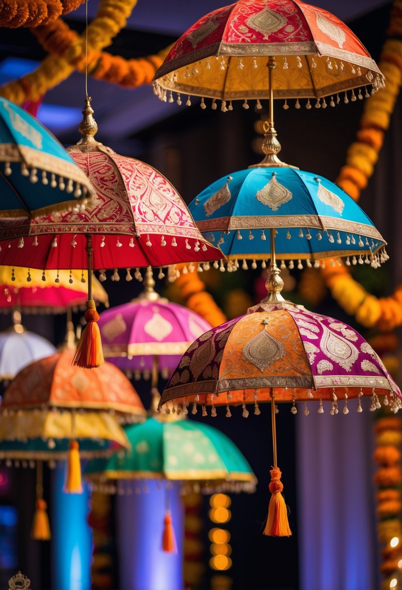 Colorful umbrellas with tassels hanging overhead as part of Indian wedding decorations.