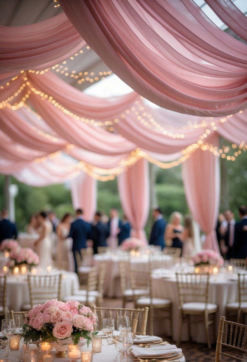 Wedding venue with pink fabric draped across the ceiling, decorated tables, and soft lighting.