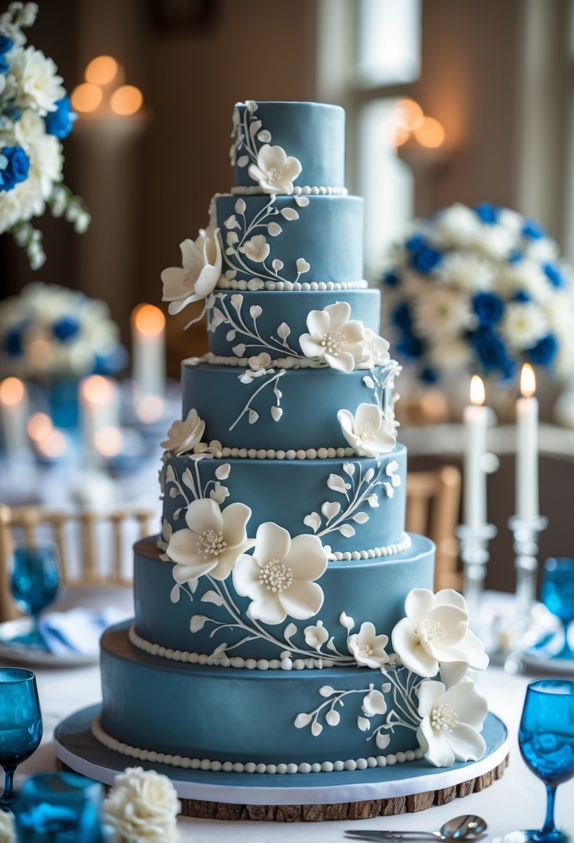 A multi-tiered steel blue wedding cake decorated with white floral patterns on a table with wedding decorations in the background.