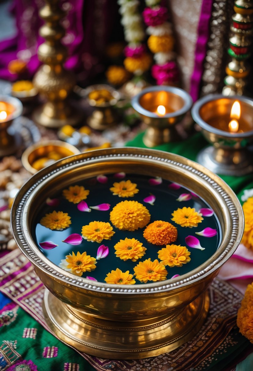A vintage brass bowl filled with water and floating colorful flowers, set among traditional Indian wedding decorations.